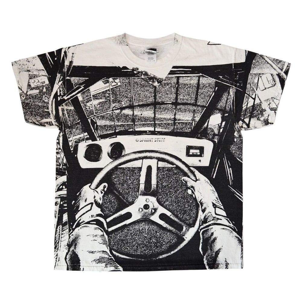 Vintage NASCAR Sprint Car Racing All Over Print AOP Black White T-Shirt [L] Y2K